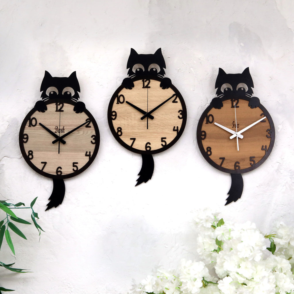 Wooden Cat Wall Clock – Handmade Silent Wall Decor for Cat Lovers