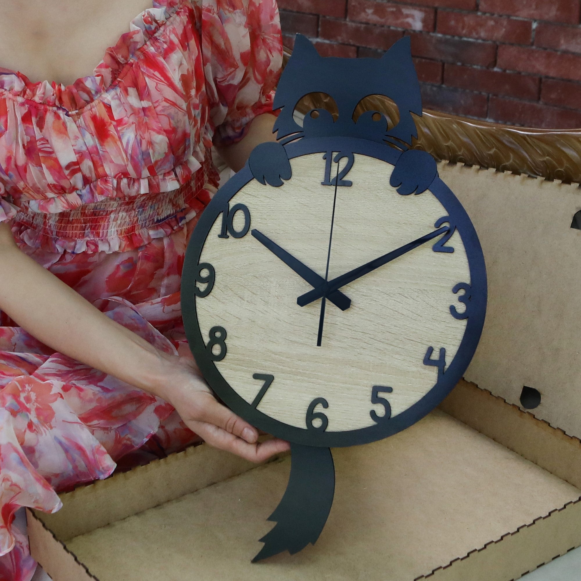 Wooden Cat Wall Clock – Handmade Silent Wall Decor for Cat Lovers