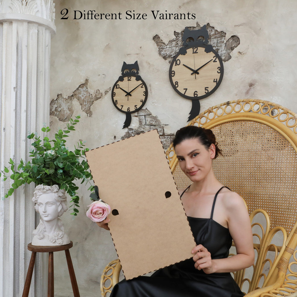 Wooden Cat Wall Clock – Handmade Silent Wall Decor for Cat Lovers