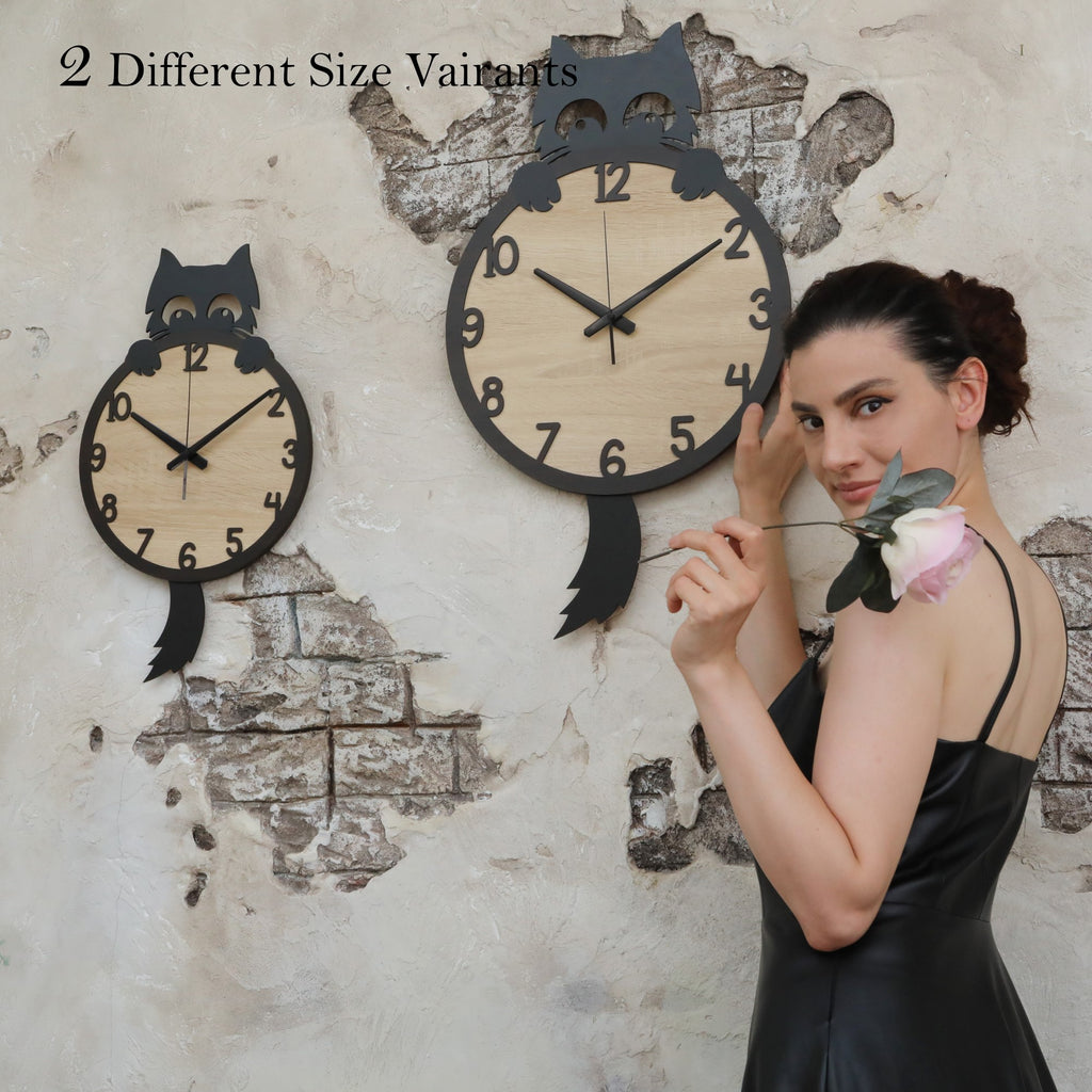 Wooden Cat Wall Clock – Handmade Silent Wall Decor for Cat Lovers