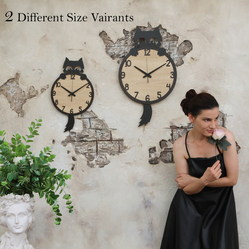 Wooden Cat Wall Clock – Handmade Silent Wall Decor for Cat Lovers